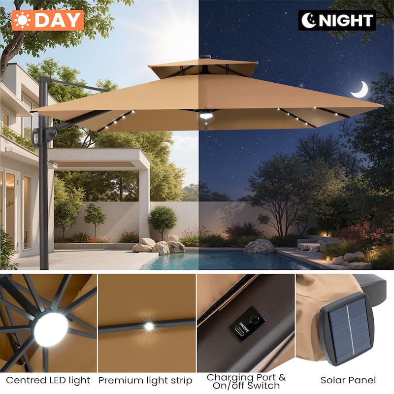 12 x 9 FT Outdoor Patio Aluminum Cantilever Umbrella with Solar Lights Double Canopy
