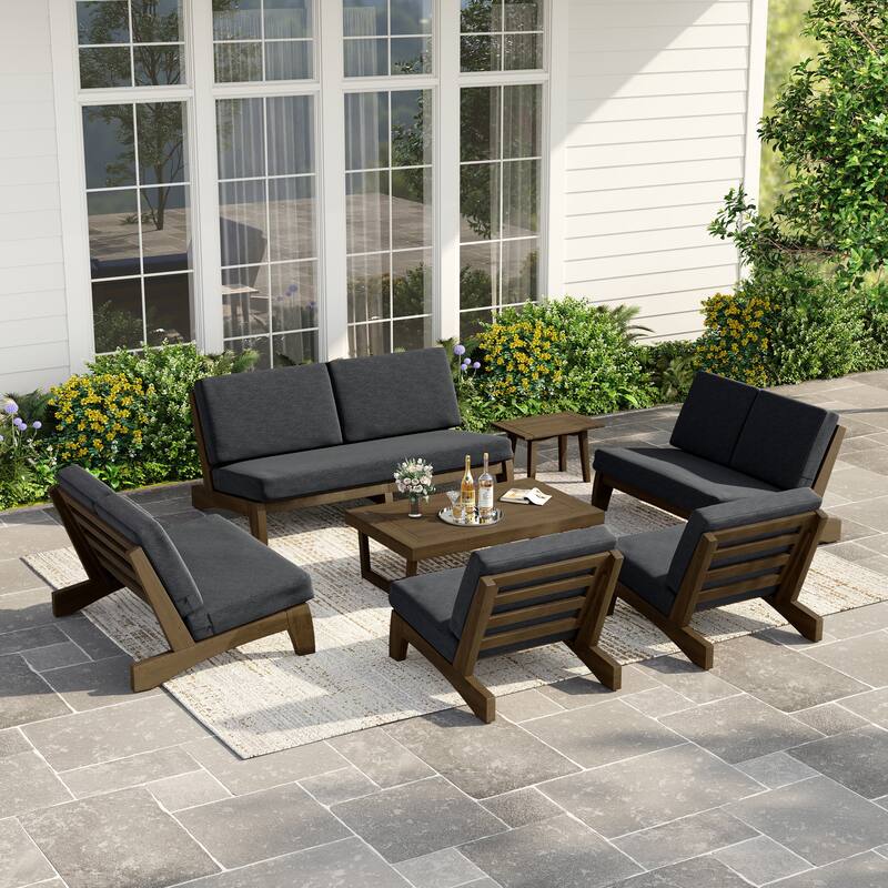 Casual Teak Wood Large 7-Piece Outdoor Patio Conversation Set