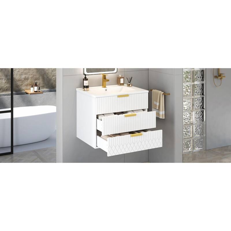 24-inch Wall-Mounted Floating Cabinet with Double Drawer, Rectangular Vanity Sink