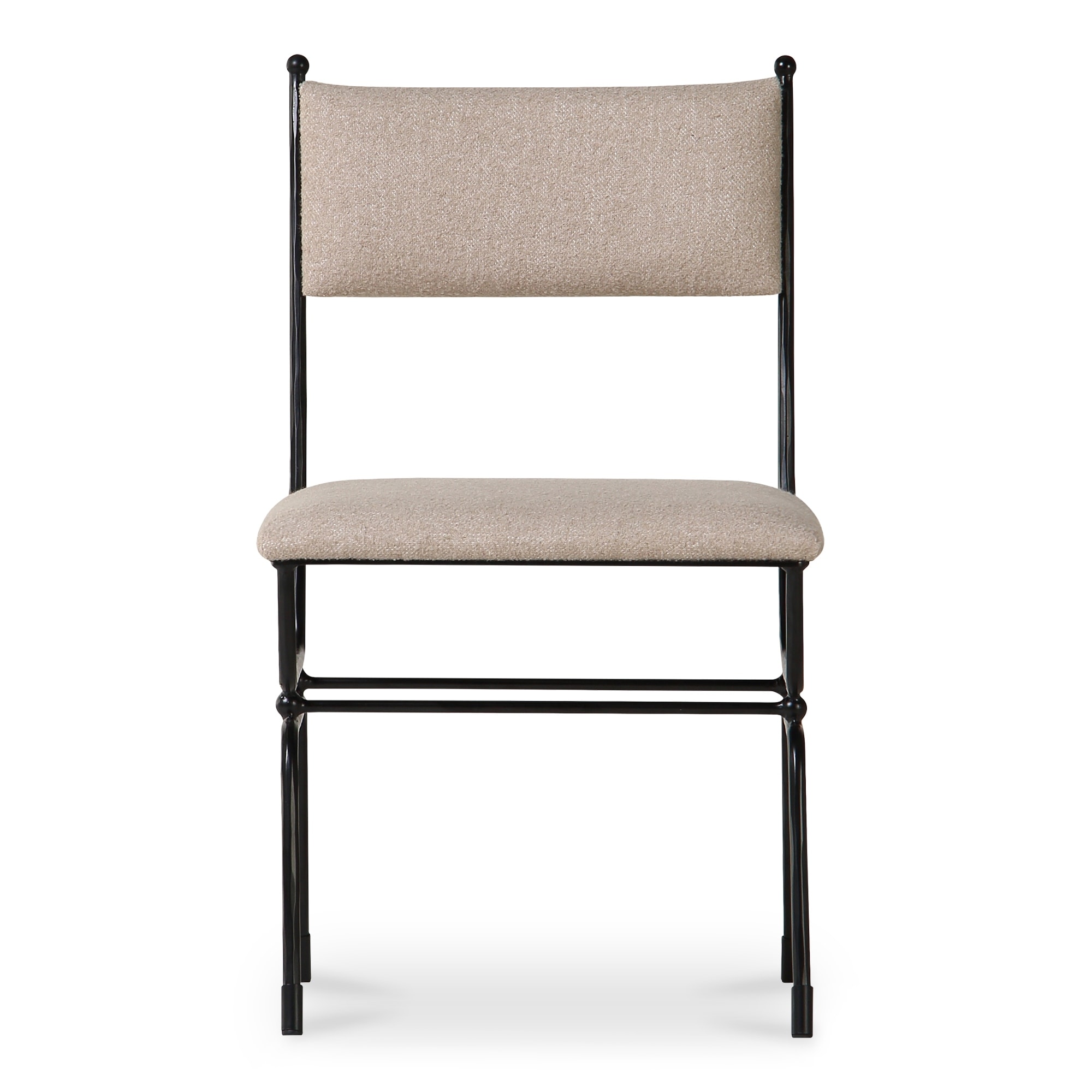 NADAAL STUDIOS Theryn Dining Chair, Hammered Iron Frame with Finial Detail, Beige Linen Blend Upholstery