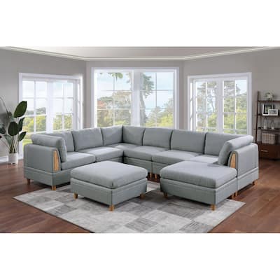 8pc Light Grey Fabric Sectional Sofa Set with 3 Wedges, 3 Armless Chairs & 2 Ottomans