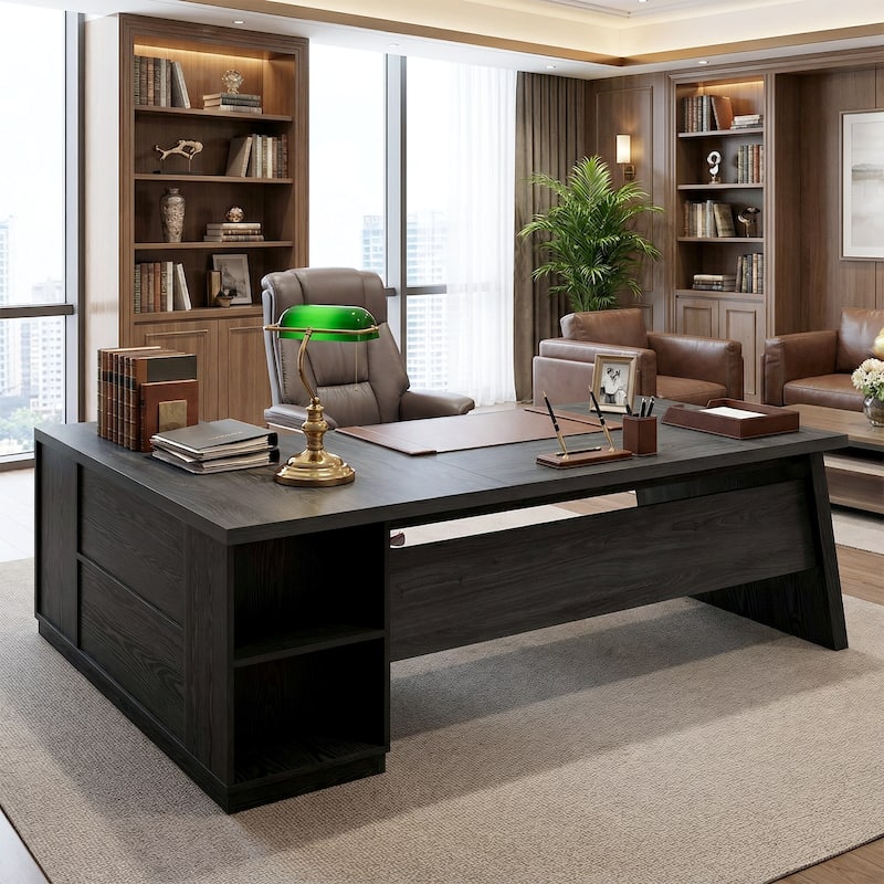 78" L-Shaped Executive Desk with File Cabinet & Shelves, Home Office