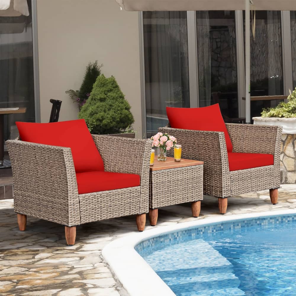 Costway 3PCS Patio Wicker Rattan Sofa Set Furniture Acacia Wood