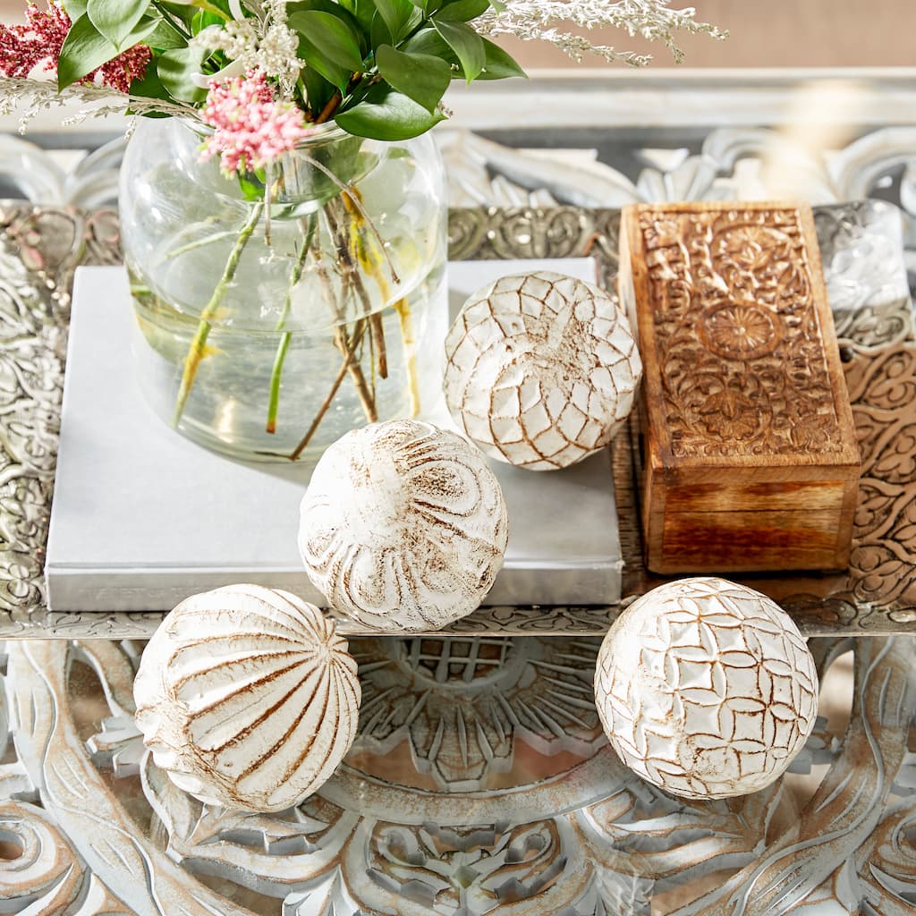 White Ceramic Handmade Carved Decorative Ball Orbs & Vase Filler with Varying Patterns (Set of 4)