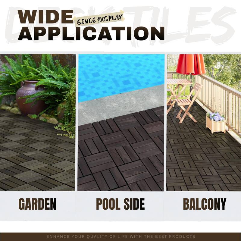 10 PCS Interlocking Deck Tiles Checker Pattern, 12" x 12" Square Acacia Hardwood Outdoor Flooring for Patio,Bancony,Pool Side