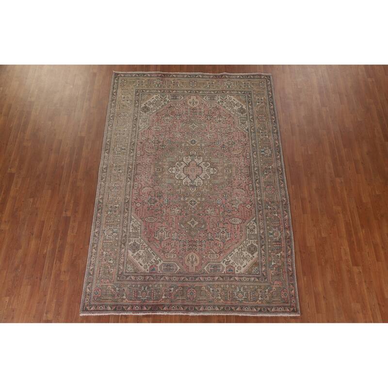 Hand Knotted Oriental 100% Wool Carpet Traditional Medallion Pink Tabriz Area Rug - 9' 9'' X 6' 8''