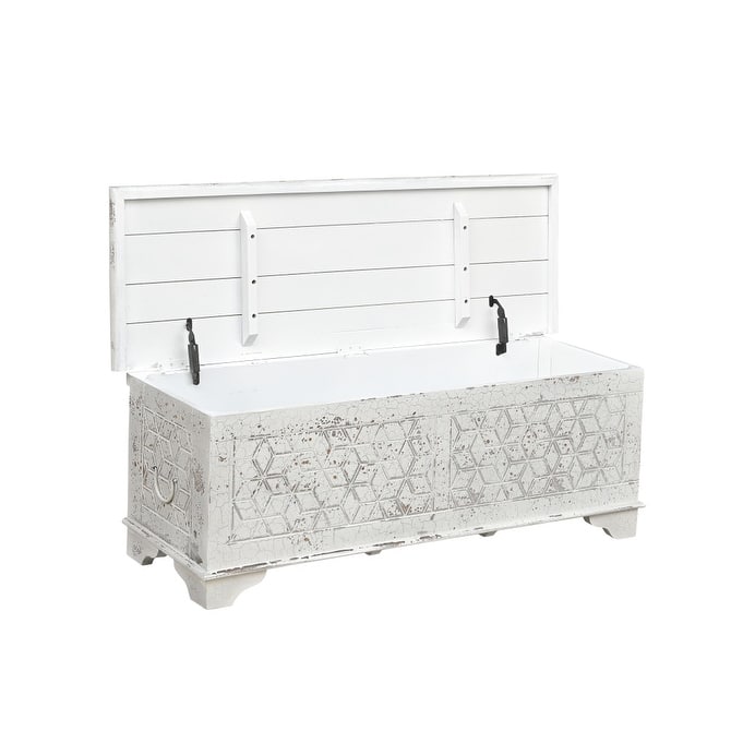 HomeRoots 52" White Rustic Solid Wood Geometric Storage Ottoman