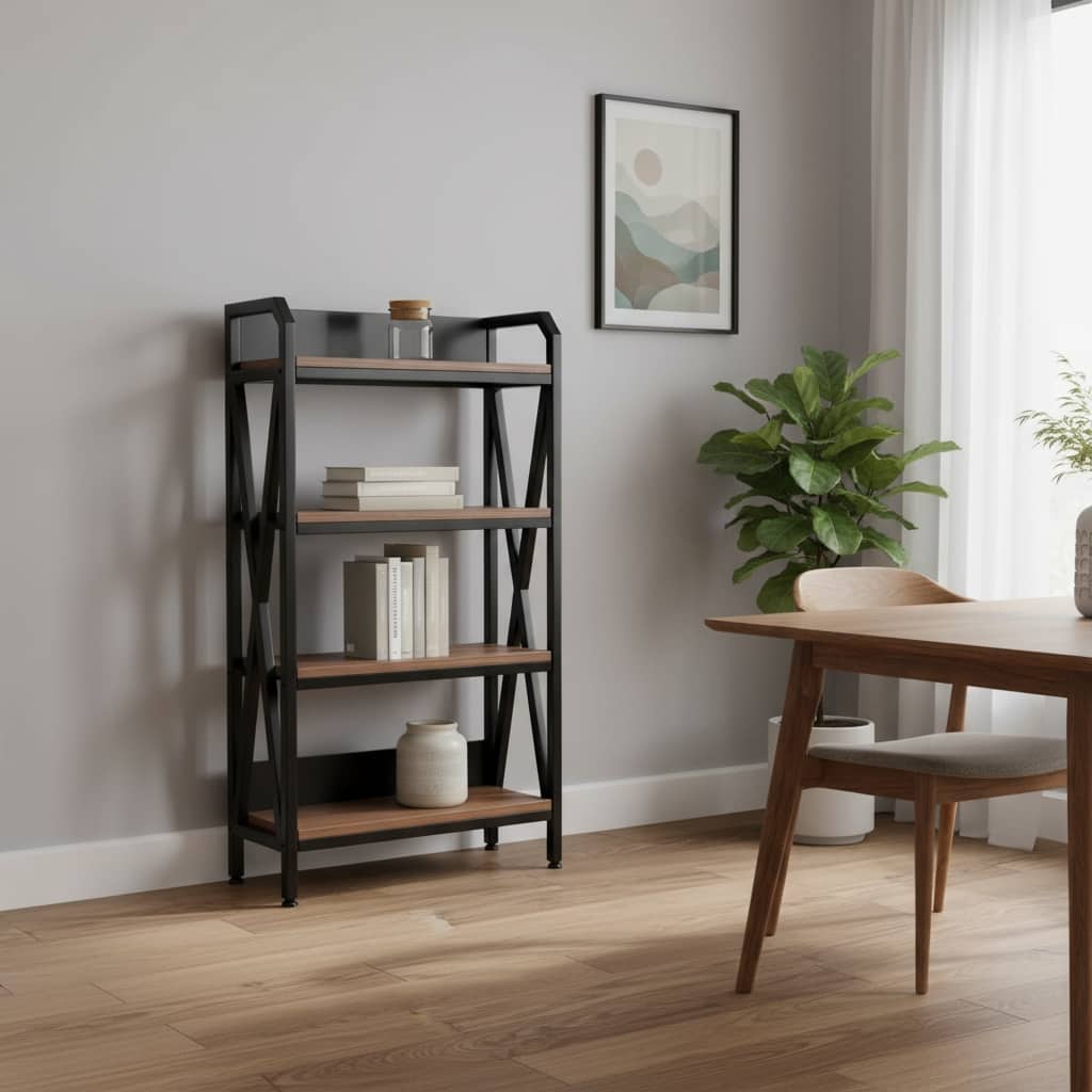 HomeRoots 56" Black And Brown Metal and Wood Four Tier Etagere Bookcase