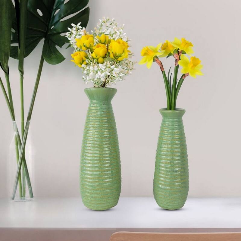 Set of Two Avocado Green Modern Cylinder Vases