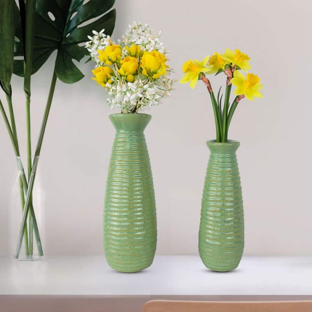 Set of Two Avocado Green Modern Cylinder Vases