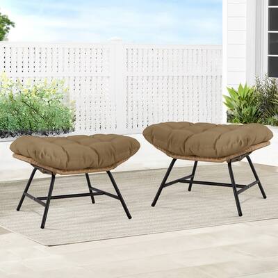 FINCATI Set of 2 Outdoor Wicker Ottomans, Water-Resistant Cushions