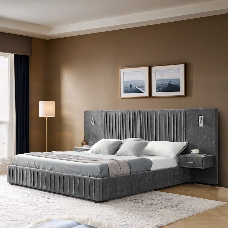 Chenille Upholstered Pleated Platform Bed Frame Wingback Headboard with Side Tables and Adjustable Lamps
