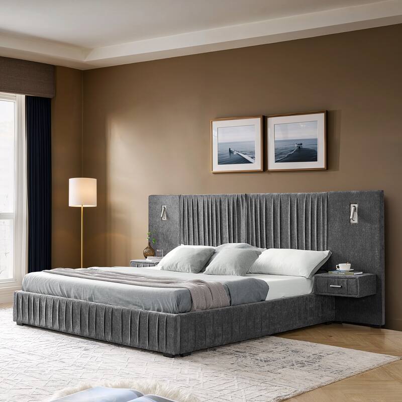 Roomfitters Queen Upholstered Chenille Platform Bed with Pleated Headboard and Built-In Bedside Tables, Solid Frame