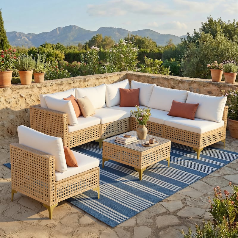 7pcs Wicker Patio Conversation Set Seating - Beige
