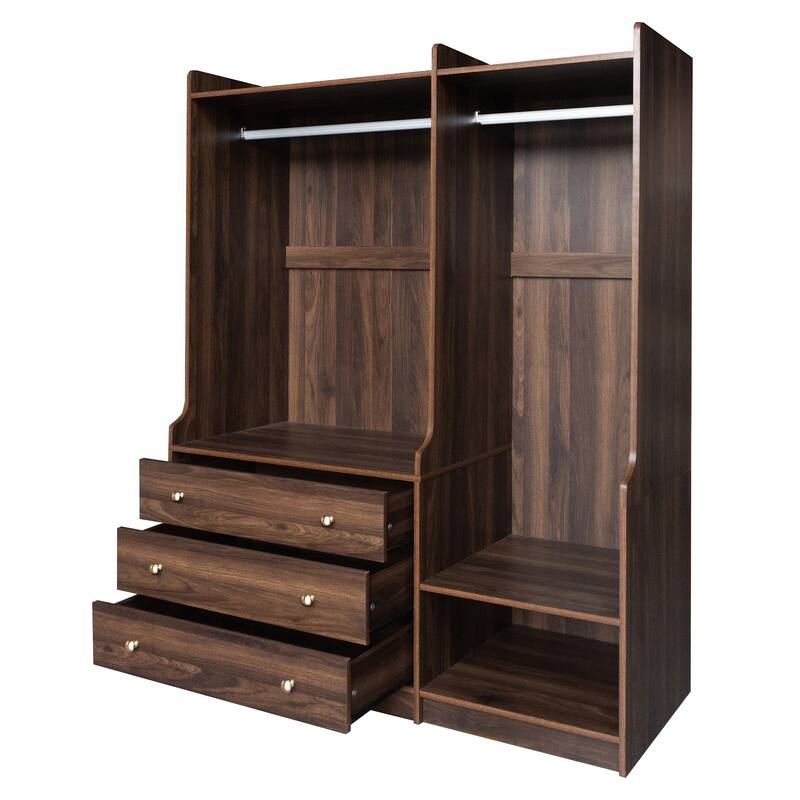 Wooden Open Wardrobe Storage Clothes Storage Cabinet with Dual Hanging Rods and Five Shelves Armoire for Bedroom