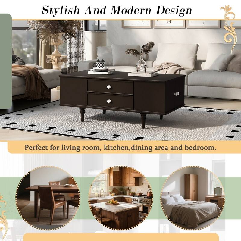 Modern Rectangle Coffee Table with Four Drawers,Two Side Hidden Storage Compartments,47.2" Wood Coffee Table with Metal Handles