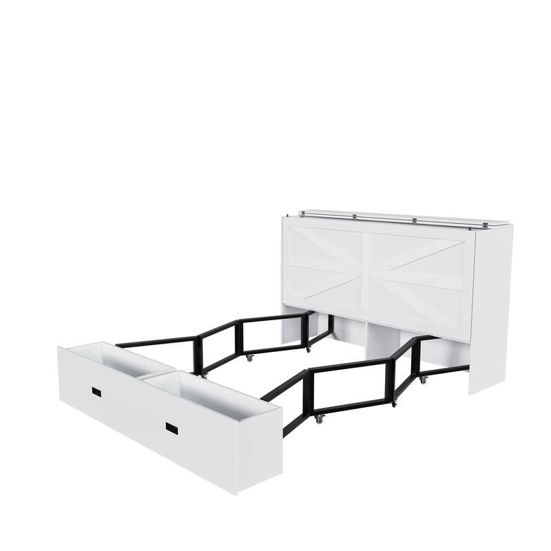 Hidden Folding Murphy Bed with Storage Drawers/Charging Station/Foldable Mattress/Full Size Mobile Cabinet Bed Frame/Noise-free