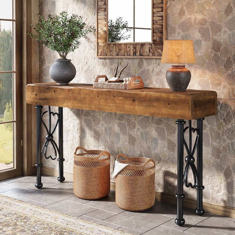 55" Industrial Entryway Sofa Table for Hallway, Entry, Foyer - Rustic Brown + Black