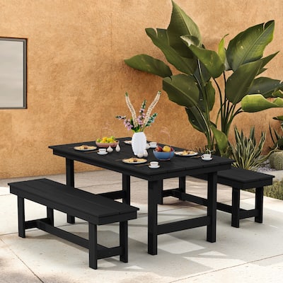 3-Piece HDPE Outdoor Dining Set with Umbrella Hole Table and Two 2-Person Benches