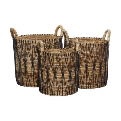 Banana Leaf Handmade String Detail Decorative and Functional Storage Basket with Handles - Set of 3 Brown - Roche River Decor