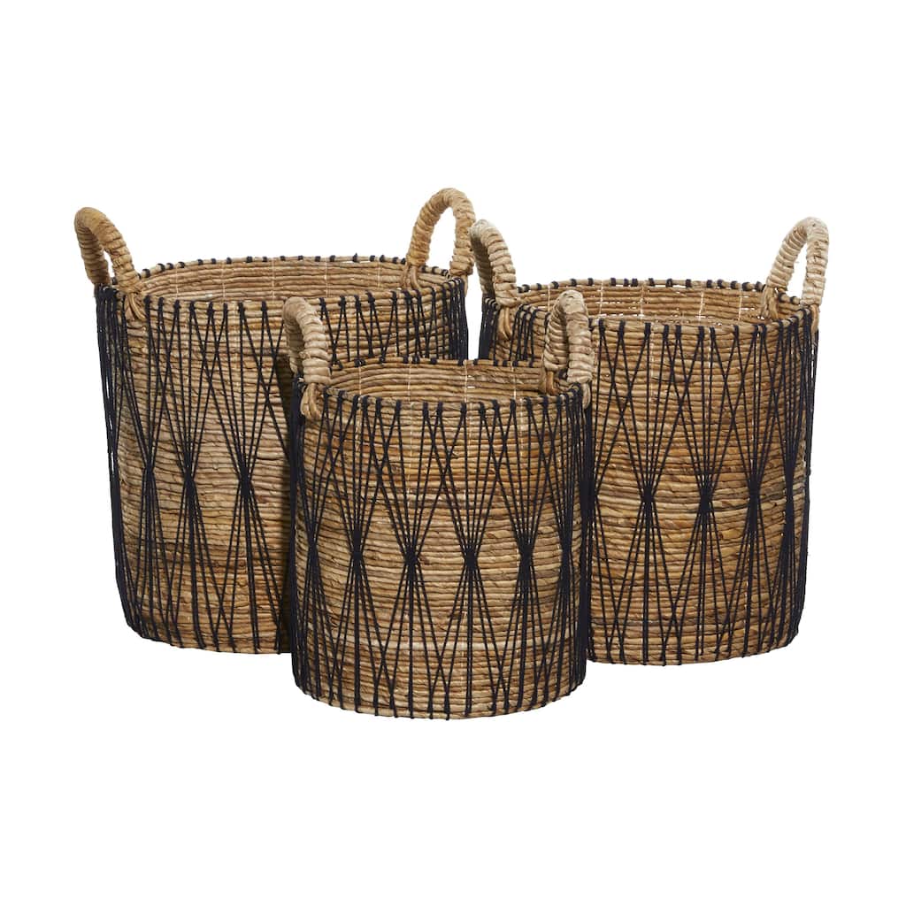 Banana Leaf Handmade String Detail Decorative and Functional Storage Basket with Handles - Set of 3 Brown - Roche River Decor