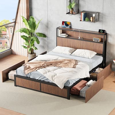 Queen Size Platform Bed Metal Storage Bed Frame with Raised Wood Headboard Footboard, 4 Drawers, Charging Station, Walnut