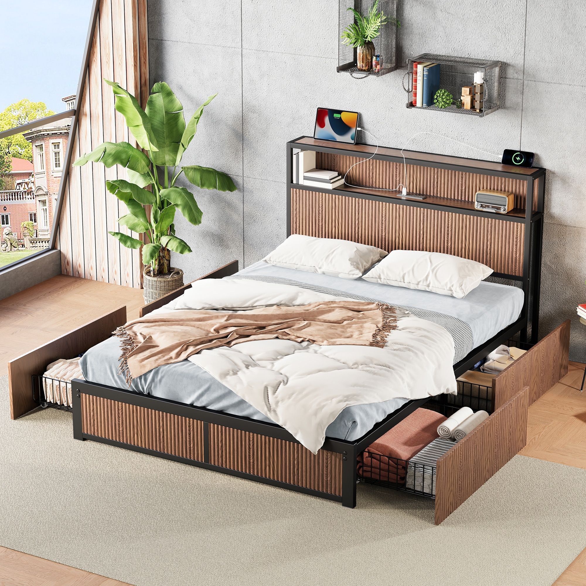 Queen Size Platform Bed Metal Storage Bed Frame with Raised Wood Headboard Footboard, 4 Drawers, Charging Station, Walnut