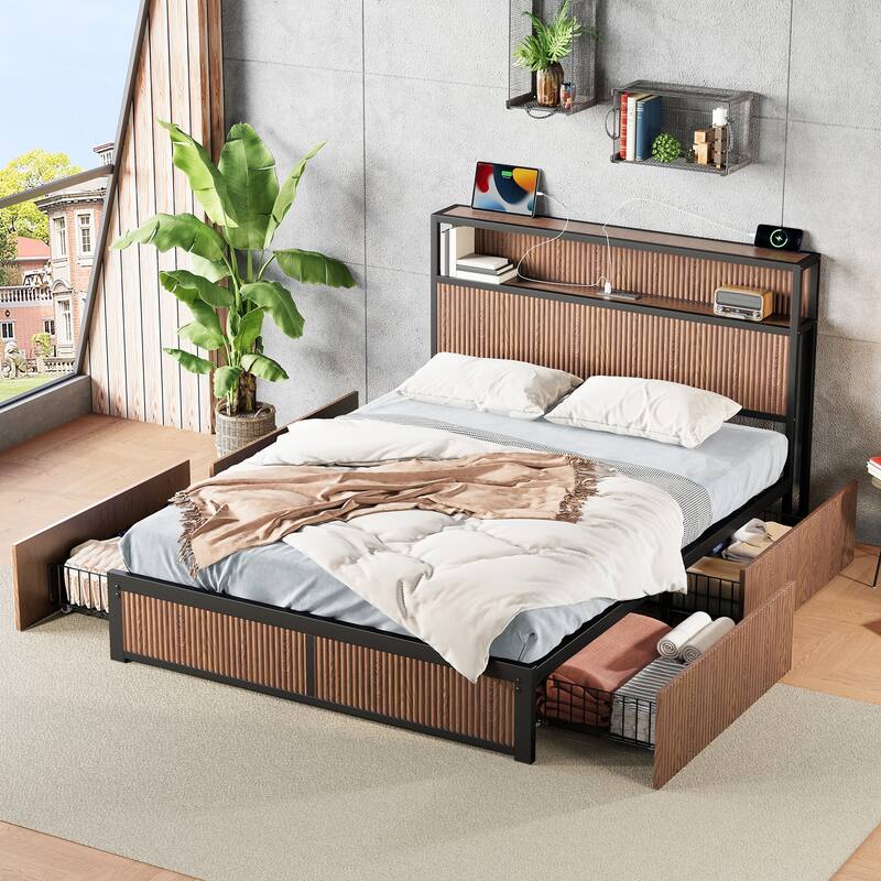Vertical Fluted Design Low Profile Platform Bed Queen Size Storage Bed Frame with 4 Drawers, USB Ports and Storage Headboard - Walnut - Queen