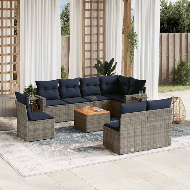 vidaXL 9 Piece Patio Sofa Set with Cushions Black Poly Rattan - 24.4" x 24.4" x 27.2" - Grey and blue