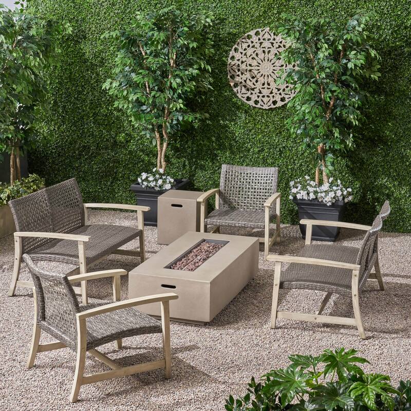 Augusta Outdoor Acacia Wood and Wicker 6 Seater Chat Set with Fire Pit by Christopher Knight Home