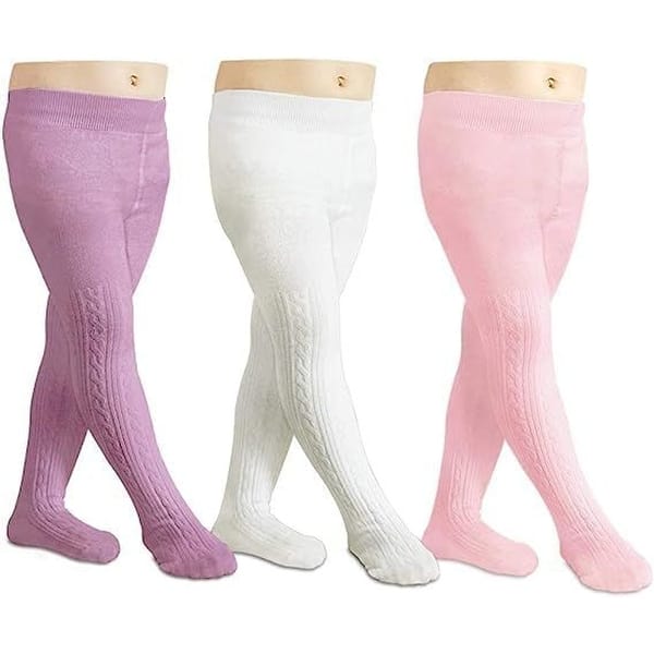 slide 2 of 6, CozyWay Cable Knit Cotton Leggings, 3 pair, white/pink/purple