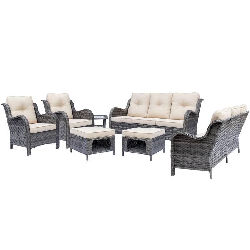 Gray Wicker Outdoor Patio Furniture Sofa Seating Set with Beige Cushions