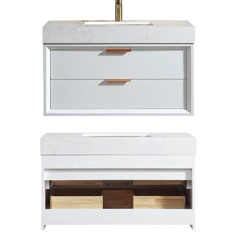 36/48/60 Modern Floating Bathroom Vanity with Sinle/Double Sink & Soft-Close Drawers & LED Lighting & Waterproof, White