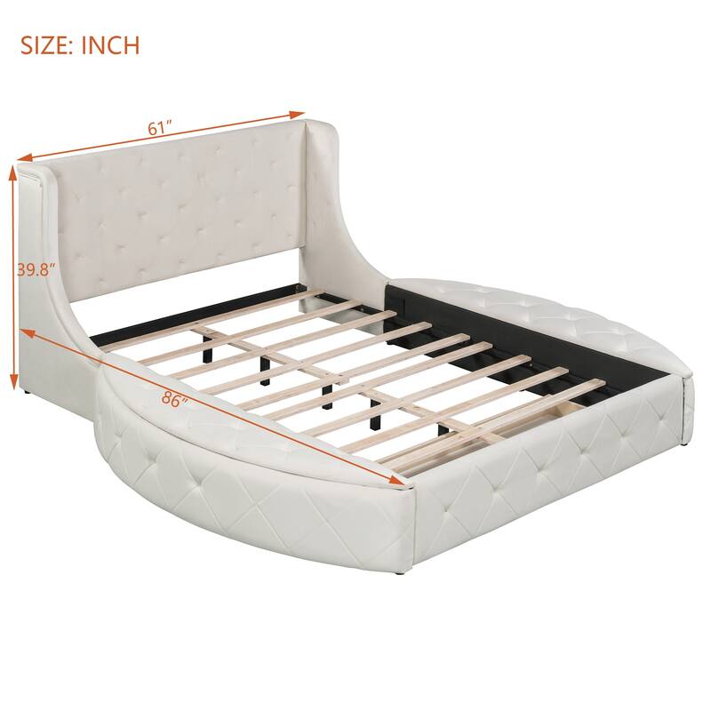 Upholstered Platform Bed Queen Size Storage Velvet Bed with Wingback Headboard and 1 Big Drawer,2 Side Storage Stool