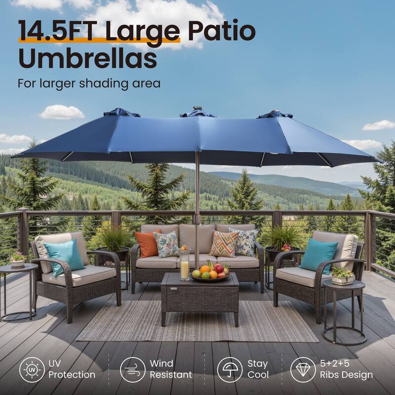 ​OVIOS 15ft Double-Sided Patio Outdoor Umbrella with Crank & Light