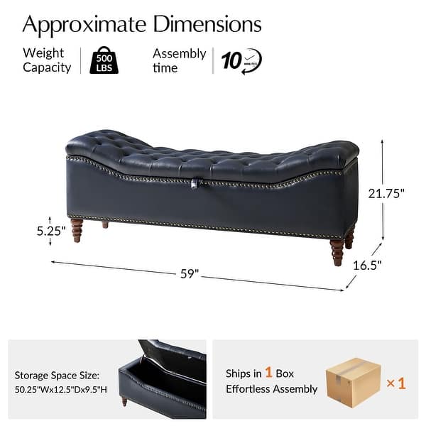 dimension image slide 1 of 4, Zona 59"W Traditional Faux Leather Tufted Upholstered Storage Bench With Soild Wood Legs and Nailhead Trim By HULALA HOME