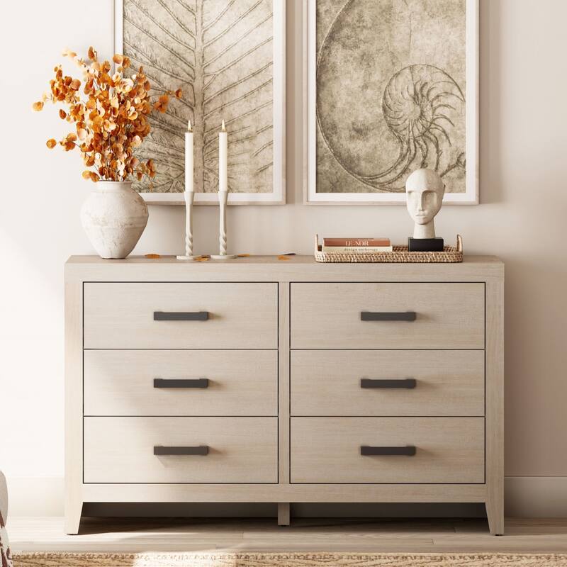 WAMPAT 6-Drawer Farmhouse Dresser - Wood Storage Chest for Bedroom & Hallway - 6-drawer - Beige