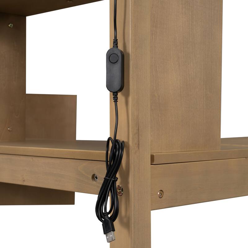 Wood Twin Size Loft Bed with Built-in Desk, LED, Storage Shelves, Cabinets, and Staircase