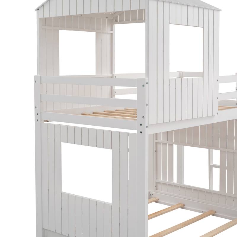 Twin Over Twin Loft Bunk Bed Playhouse Bedframe with Slide and Roof