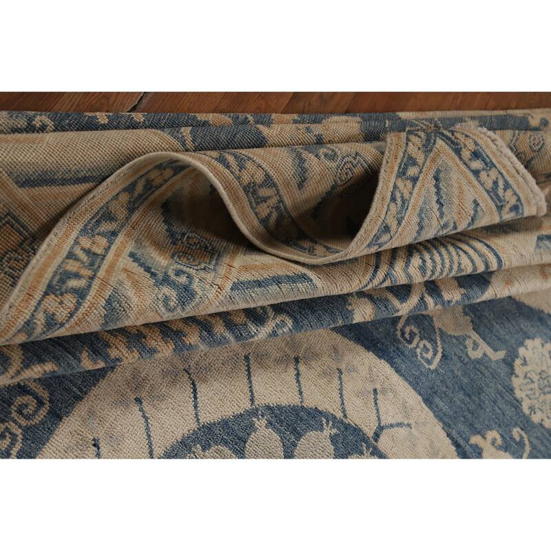 Hand Knotted Oriental 100% Wool Carpet Transitional Geometric Navy Blue & Blues Oushak Area Rug - 12' 0'' X 9' 2''