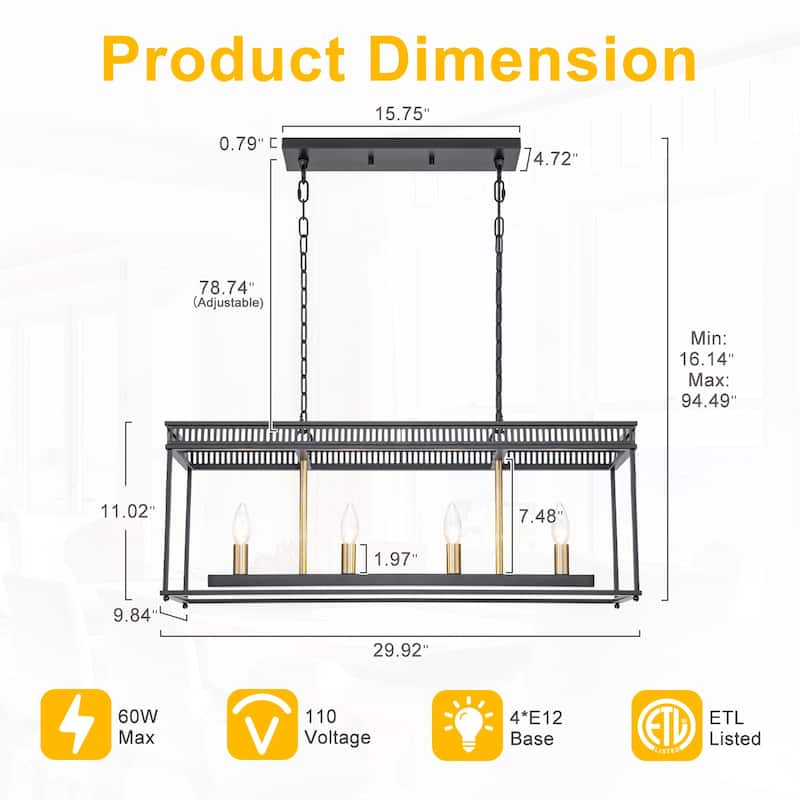 4-Light Black Industrial Rectangular Caged Chandelier Kitchen Island - Dia.29.92-in