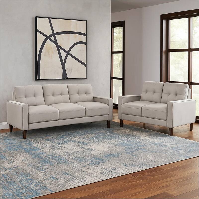 Bow 2pc Sofa Set with Track Arms and Tapered Legs, Beige Grid Tufted Fabric