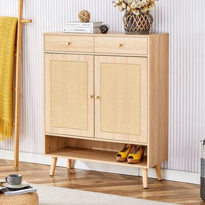 Rattan Weaving Shoe Cabinet, Multi-Functional Shoe Rack Organizer, Sideboard Buffet with Top Drawers & Lower Cabinet Doors