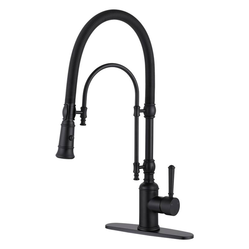 WOWOW Single Handle Gooseneck Pull Down Sprayer Kitchen Faucet - Without Soap Dispenser - Matte Black