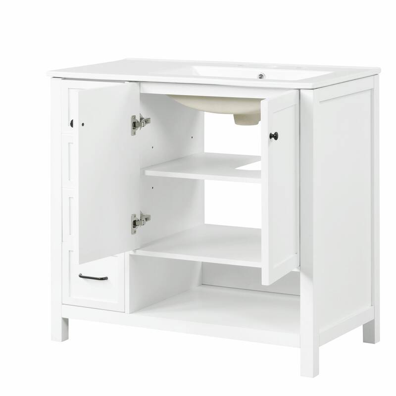 36" Bathroom Vanity - Sink Top, Two Doors, Two Drawers, and Open Shelf