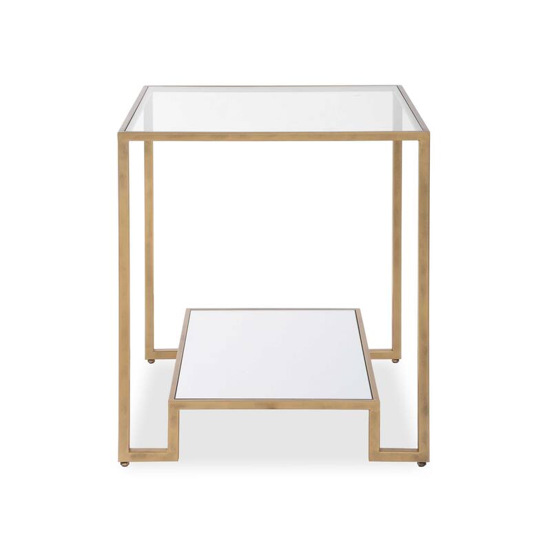 Kix Side End Table, 20 Inch Square Glass Top, Open Shelf, Antique Gold