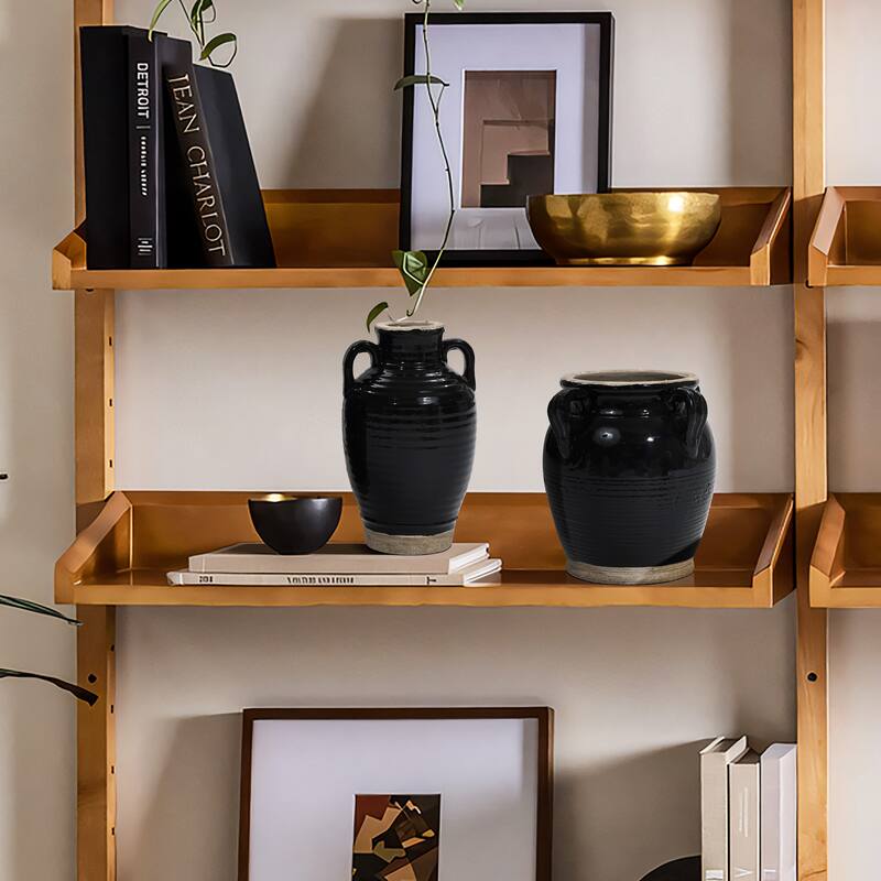 2-Piece Black Jug Terracotta Vase with Two Handles Set