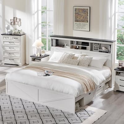 Farmhouse King Size Wood Bed Frame with Storage Headboard and Drawers