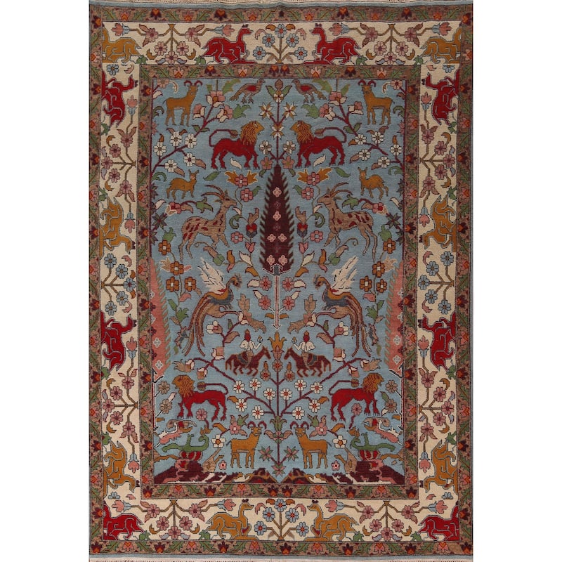 Hunting Animals Blue Ziegler Indian Area Rug Hand-Knotted Wool Carpet - 8'10"x 12'2"