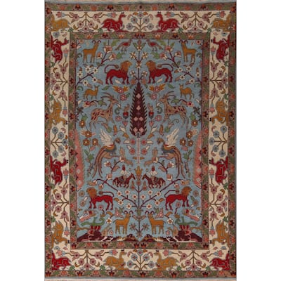 Hunting Animals Blue Ziegler Indian Area Rug Hand-Knotted Wool Carpet - 8'10"x 12'2"